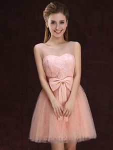Excellent Peach Dama Dress for Quinceanera Prom and Party and Wedding Party and For with Lace and Bowknot Scoop Sleeveless Lace Up