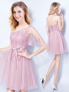 One Shoulder Pink Sleeveless Appliques and Belt Mini Length Dama Dress