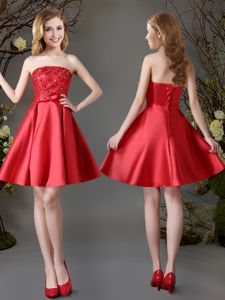 Affordable Red Satin Lace Up Strapless Sleeveless Mini Length Dama Dress for Quinceanera Appliques and Bowknot