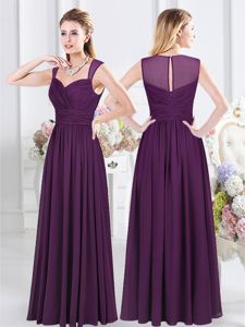 Shining Straps Straps Purple Sleeveless Floor Length Ruching Zipper Dama Dress