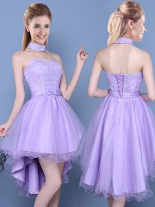 Cheap Lavender Lace Up Court Dresses for Sweet 16 Lace and Bowknot Sleeveless High Low