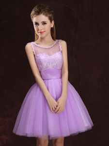 Exquisite Scoop Lilac Sleeveless Mini Length Lace and Ruching Lace Up Vestidos de Damas