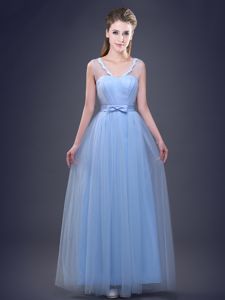 Light Blue Sleeveless Appliques and Ruching and Bowknot Floor Length Quinceanera Dama Dress