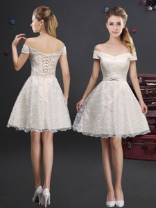 Off the Shoulder Champagne Lace Up Damas Dress Lace and Appliques Sleeveless Knee Length