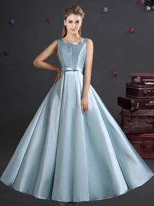 Light Blue Empire Tulle Off The Shoulder Sleeveless Ruching and Bowknot Floor Length Lace Up Damas Dress