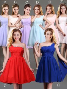 Trendy One Shoulder Mini Length Red and Champagne Court Dresses for Sweet 16 Chiffon Sleeveless Beading and Ruching