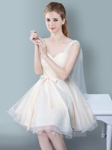 One Shoulder Sleeveless Tulle Knee Length Zipper Dama Dress in Champagne for with Ruching and Bowknot