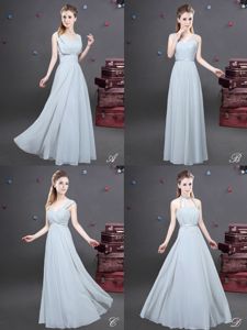 Grey Empire V-neck Sleeveless Chiffon Floor Length Zipper Ruching Quinceanera Court of Honor Dress