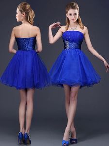 Glorious Sleeveless Mini Length Beading and Ruching Lace Up Dama Dress for Quinceanera with Royal Blue