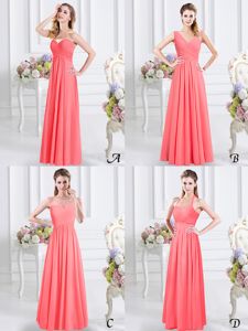Sweet Floor Length Zipper Dama Dress Watermelon Red and In for Prom and Party and Wedding Party with Lace and Ruching