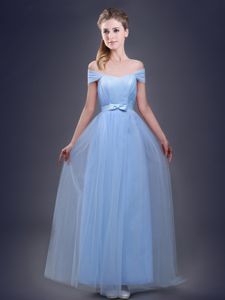 Most Popular Off the Shoulder Floor Length Empire Sleeveless Light Blue Dama Dress for Quinceanera Lace Up