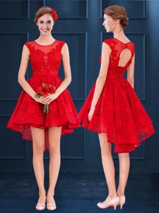 Luxury Scoop Sleeveless High Low Lace Lace Up Quinceanera Court of Honor Dress with Red