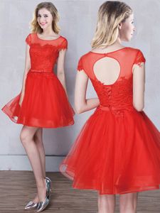 Vintage Scoop Mini Length A-line Short Sleeves Red Quinceanera Court Dresses Lace Up