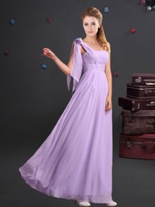 Lavender Chiffon Zipper One Shoulder Sleeveless Floor Length Dama Dress for Quinceanera Ruching