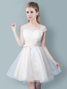 Spectacular Straps Straps Champagne Cap Sleeves Tulle Zipper Damas Dress for Prom and Party and Wedding Party