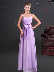 Lavender Spaghetti Straps Neckline Ruching and Bowknot Quinceanera Court Dresses Sleeveless Zipper