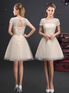 Scoop Tulle Short Sleeves Mini Length Damas Dress and Lace and Appliques and Belt