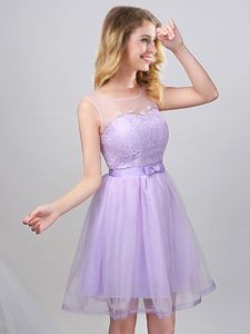 High End Lavender Tulle Lace Up Scoop Sleeveless Mini Length Dama Dress Lace and Appliques and Belt