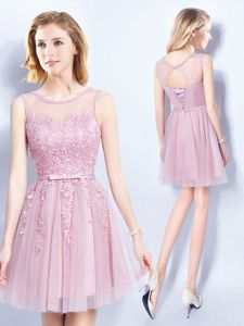 Latest Scoop Pink Sleeveless Mini Length Appliques and Belt Lace Up Quinceanera Court of Honor Dress