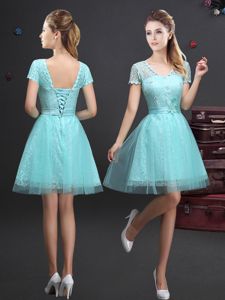 Fine A-line Quinceanera Dama Dress Aqua Blue V-neck Tulle Short Sleeves Mini Length Lace Up