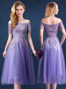 Off the Shoulder Tea Length Empire Short Sleeves Lavender Quinceanera Court Dresses Zipper