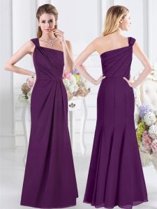 Decent One Shoulder Sleeveless Chiffon Floor Length Side Zipper Dama Dress for Quinceanera in Purple for with Ruching
