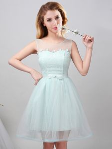 Great Scoop Apple Green Sleeveless Mini Length Lace and Appliques and Belt Lace Up Damas Dress