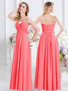 Super Watermelon Red Empire Ruching Damas Dress Zipper Chiffon Sleeveless Floor Length