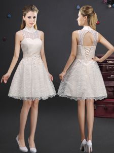 Affordable A-line Quinceanera Court Dresses Champagne High-neck Lace Sleeveless Knee Length Lace Up