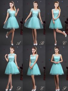 Inexpensive Aqua Blue Lace Up Quinceanera Court of Honor Dress Beading and Lace and Appliques and Belt Sleeveless Mini Length