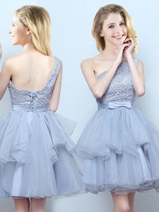 Fashionable One Shoulder Sleeveless Lace Up Mini Length Lace and Ruffles and Belt Quinceanera Court of Honor Dress