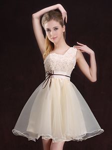 Simple One Shoulder Sleeveless Lace Up Quinceanera Dama Dress Champagne Organza
