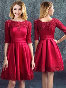 Popular Wine Red Empire Lace Vestidos de Damas Zipper Satin Half Sleeves Mini Length