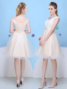 Unique Champagne Cap Sleeves Bowknot Knee Length Quinceanera Dama Dress