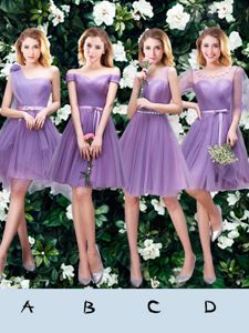Fine Lavender A-line One Shoulder Sleeveless Tulle Mini Length Lace Up Beading and Appliques and Ruffles and Ruching and Belt and Hand Made Flower Damas Dress