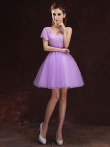 Designer One Shoulder Mini Length Ball Gowns Sleeveless Lilac Vestidos de Damas Lace Up