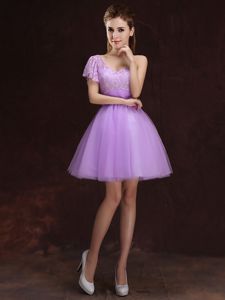 Great Off The Shoulder Sleeveless Quinceanera Court of Honor Dress Mini Length Beading and Lace Pink Tulle
