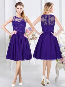 Purple Chiffon Zipper Scoop Sleeveless Knee Length Quinceanera Dama Dress Lace