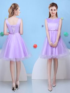 New Arrival Scoop Sleeveless Knee Length Bowknot Lace Up Quinceanera Dama Dress with Lavender