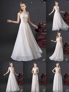 Delicate Floor Length White Damas Dress Chiffon Sleeveless Lace and Appliques and Bowknot
