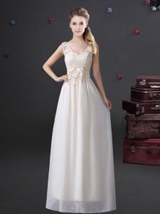 Wonderful White Quinceanera Court Dresses Prom and Party and Wedding Party and For with Lace and Appliques and Bowknot V-neck Sleeveless Zipper