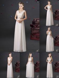 Pretty White Empire Chiffon V-neck Sleeveless Lace and Appliques and Belt Floor Length Lace Up Quinceanera Court of Honor Dress