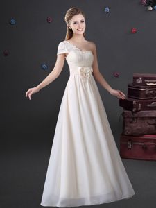 White Dama Dress for Quinceanera Prom and Party and Wedding Party and For with Lace and Bowknot One Shoulder Sleeveless Zipper