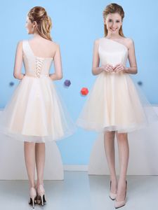 Latest One Shoulder Champagne Sleeveless Knee Length Bowknot Lace Up Vestidos de Damas