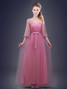 Pink Half Sleeves Floor Length Ruching and Bowknot Lace Up Vestidos de Damas