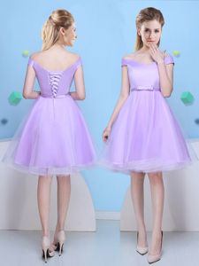 Lavender Lace Up V-neck Bowknot Court Dresses for Sweet 16 Tulle Cap Sleeves