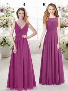 Floor Length Fuchsia Quinceanera Dama Dress V-neck Sleeveless Zipper