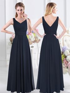 Decent V-neck Sleeveless Dama Dress Floor Length Ruching Navy Blue Chiffon