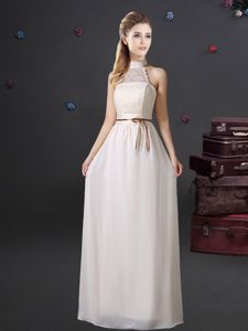 Unique Halter Top White Sleeveless Lace and Belt Floor Length Dama Dress
