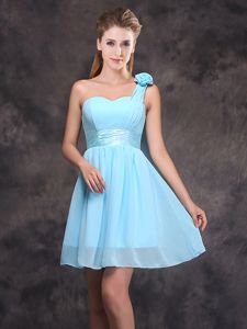 Fine Chiffon One Shoulder Sleeveless Zipper Ruching and Hand Made Flower Court Dresses for Sweet 16 in Baby Blue